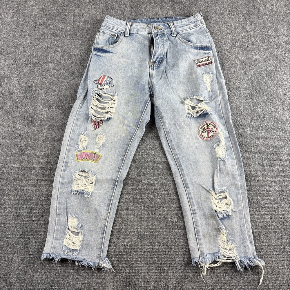 Y2K Style Shredded Raw Fringe Graphic Patch Blue Jeans Size S 12.5" Flat